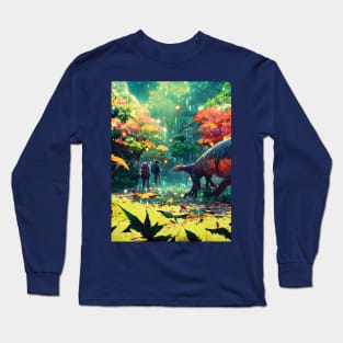 Wild Dinosaur in Fall Season Autumn Leaves of Jungle Enjoying Fall Vibes Long Sleeve T-Shirt